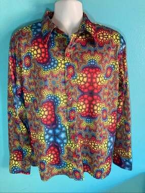 Vintage 1970s Positano Dagger Collar Psychedelic Rainbow Disco Shirt Mens M